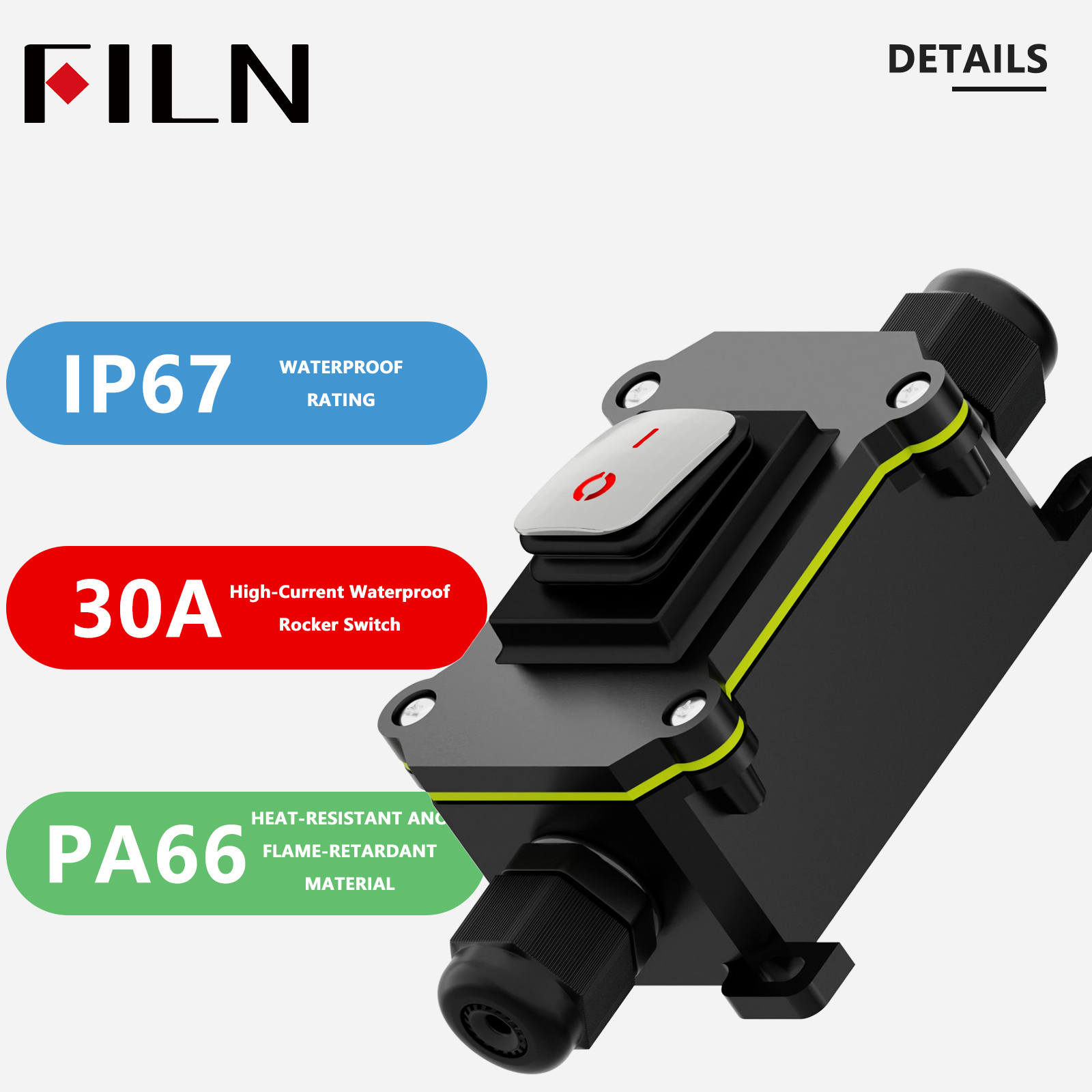Outdoor Power Box Cover - สวิตช์โยกกันน้ำ FILN 30A พร้อมกล่องหุ้ม IP67 12V