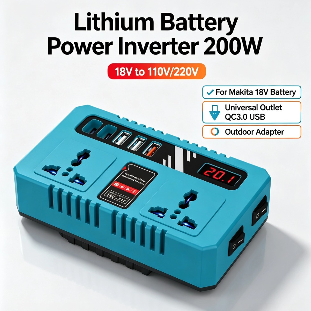 Outdoor Power Hub - อินเวอร์เตอร์แปลงไฟแบตเตอรี่ลิเธียม 200W 18V เป็น 110V 220V